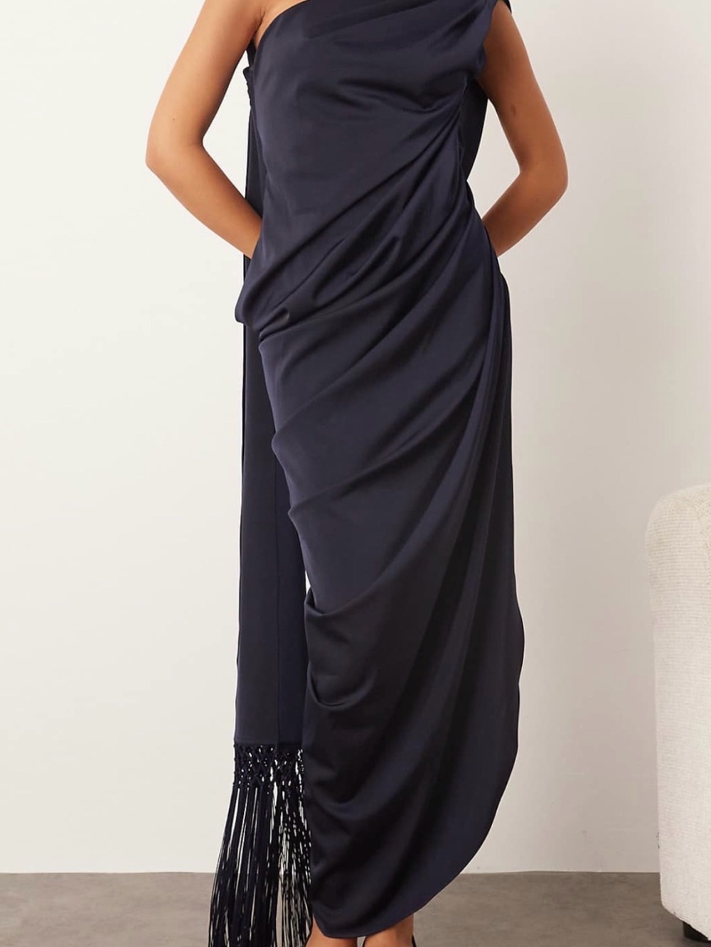 One-Shoulder Navy Draped Evening Dress